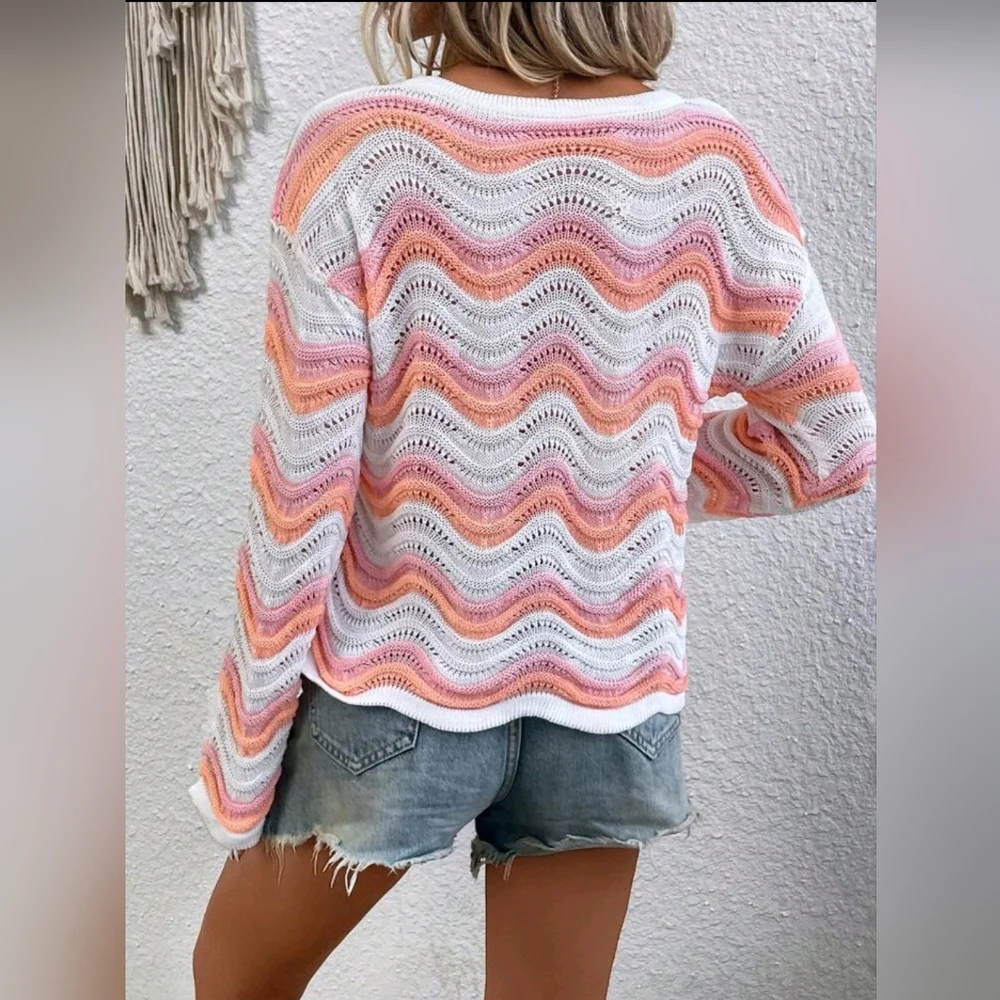 New Casual Wavy Stripe Open Knit Top Sweater White Pink Coral Orange - Picture 5 of 8